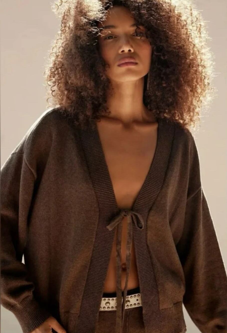 Free People Beach Brown Cotton Tie Front Long Sleeve Sweater Coverup Top Women S